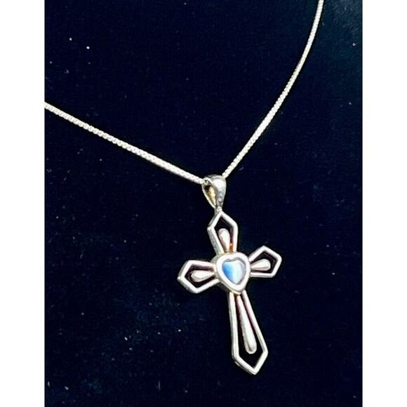 Sterling Silver FACETED STONE CROSS w Center Stone Pendant 925 MO & Necklace VTG - Picture 8 of 14